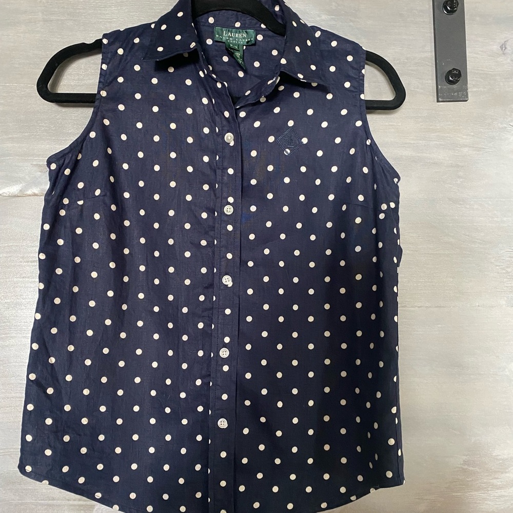 Lauren Ralph Lauren Classic Navy Blue with Polka Dots sleeveless shirt.